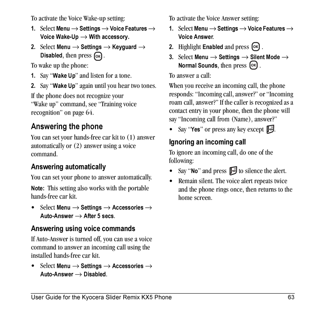Kyocera KX5 manual Answering the phone, Answering automatically, Answering using voice commands, Ignoring an incoming call 