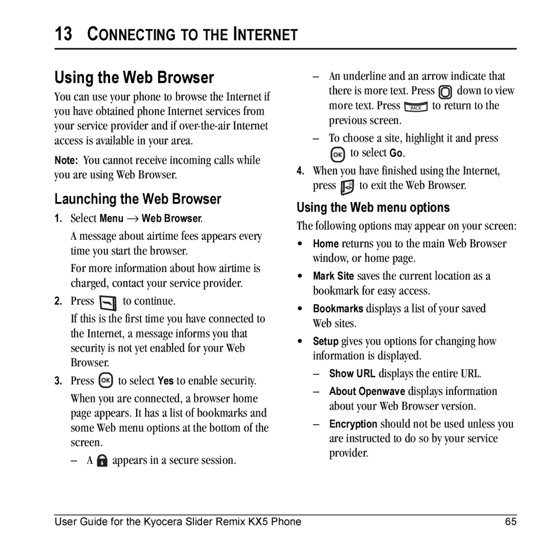 Kyocera KX5 manual Using the Web Browser, Connecting to the Internet, Launching the Web Browser, Using the Web menu options 