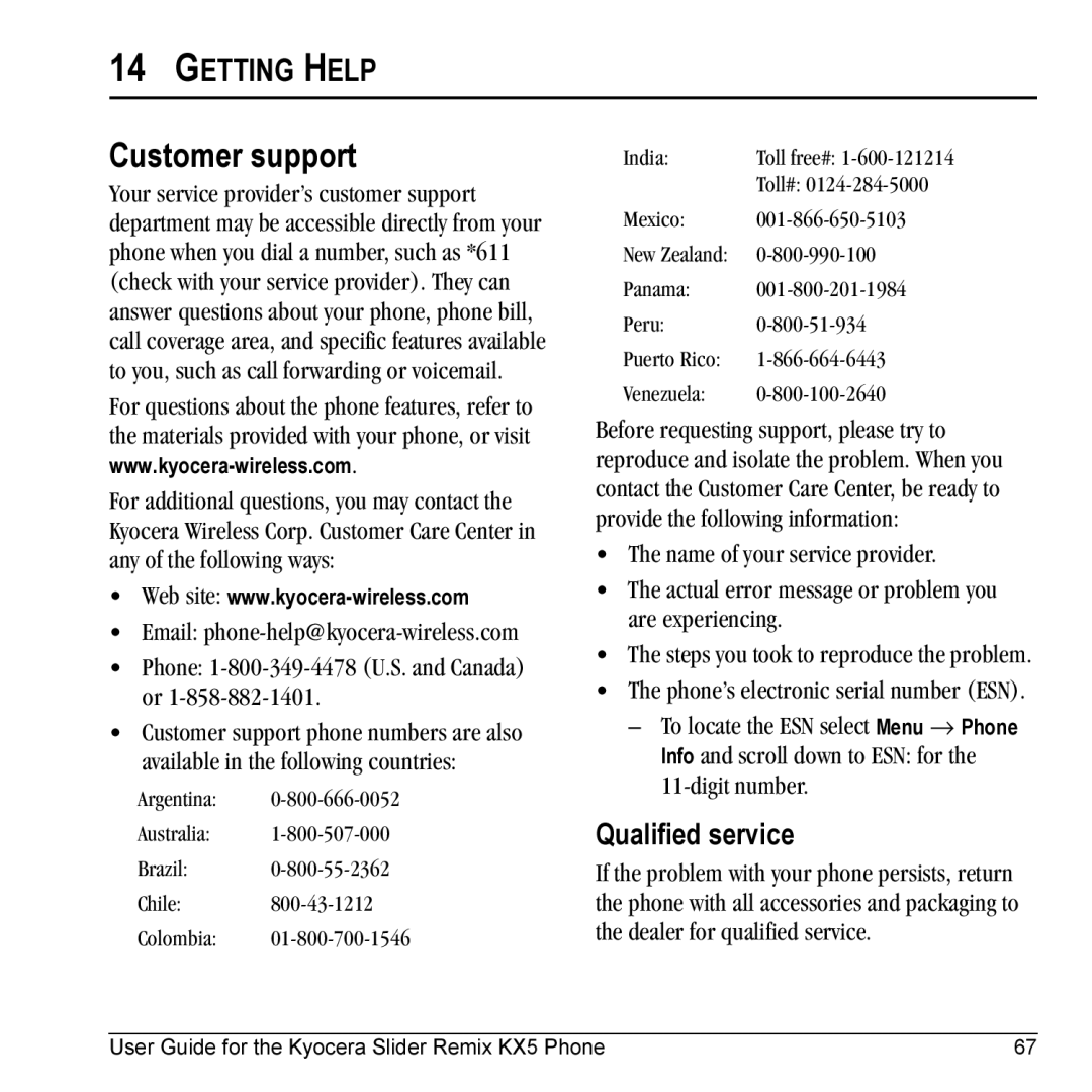 Kyocera KX5 manual Customer support, Getting Help, Qualified service 