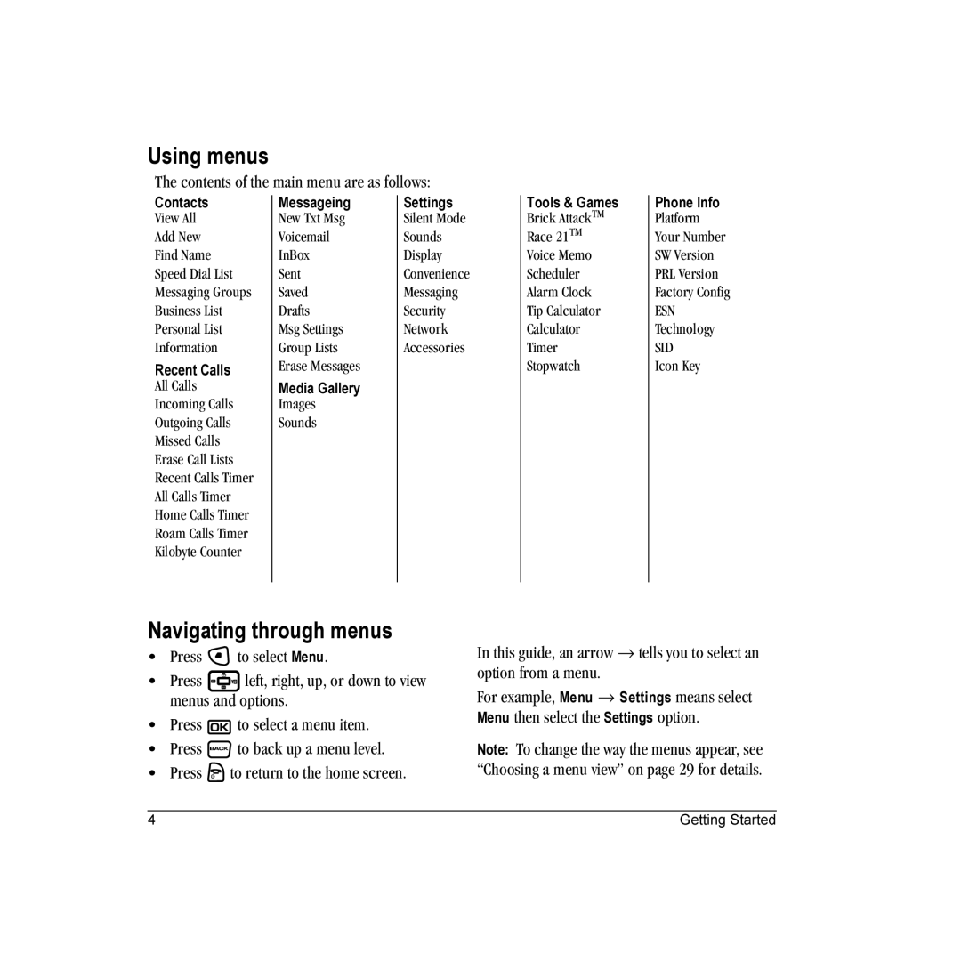 Kyocera KX9 manual Using menus, Navigating through menus, Contents of the main menu are as follows 