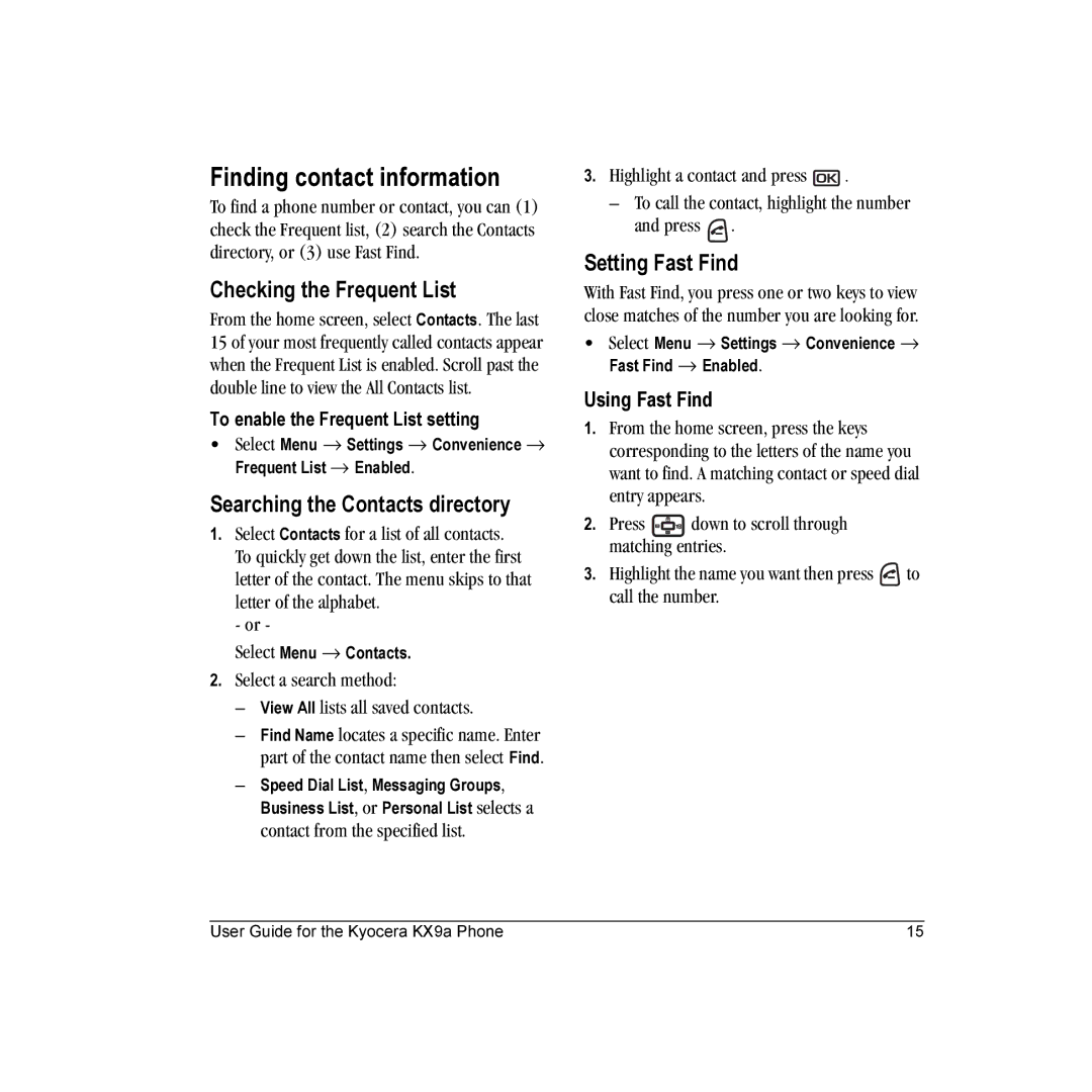 Kyocera KX9 Finding contact information, Checking the Frequent List, Searching the Contacts directory, Setting Fast Find 