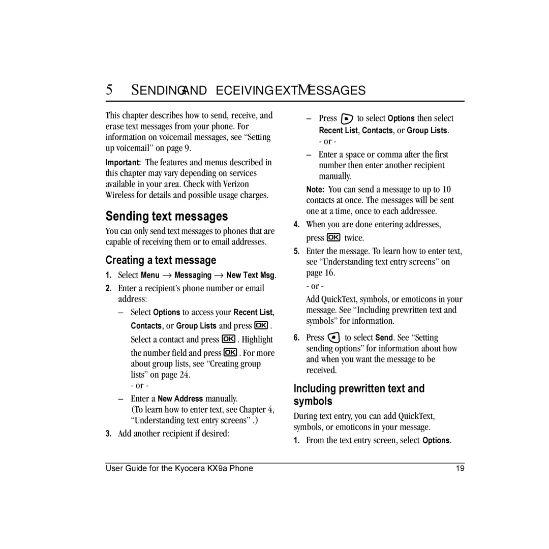 Kyocera KX9 manual Sending text messages, Creating a text message, Including prewritten text and symbols 