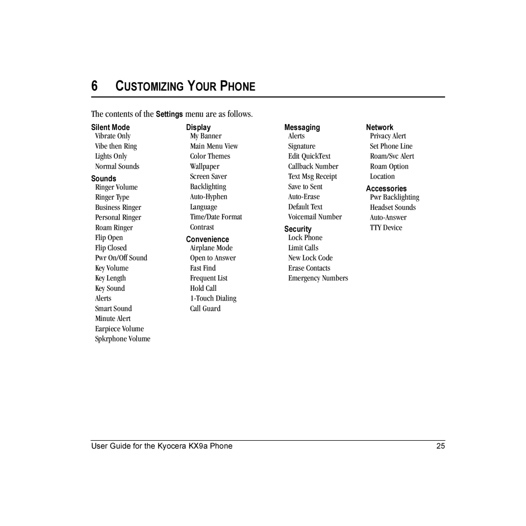 Kyocera KX9 manual Customizing Your Phone, Contents of the Settings menu are as follows 