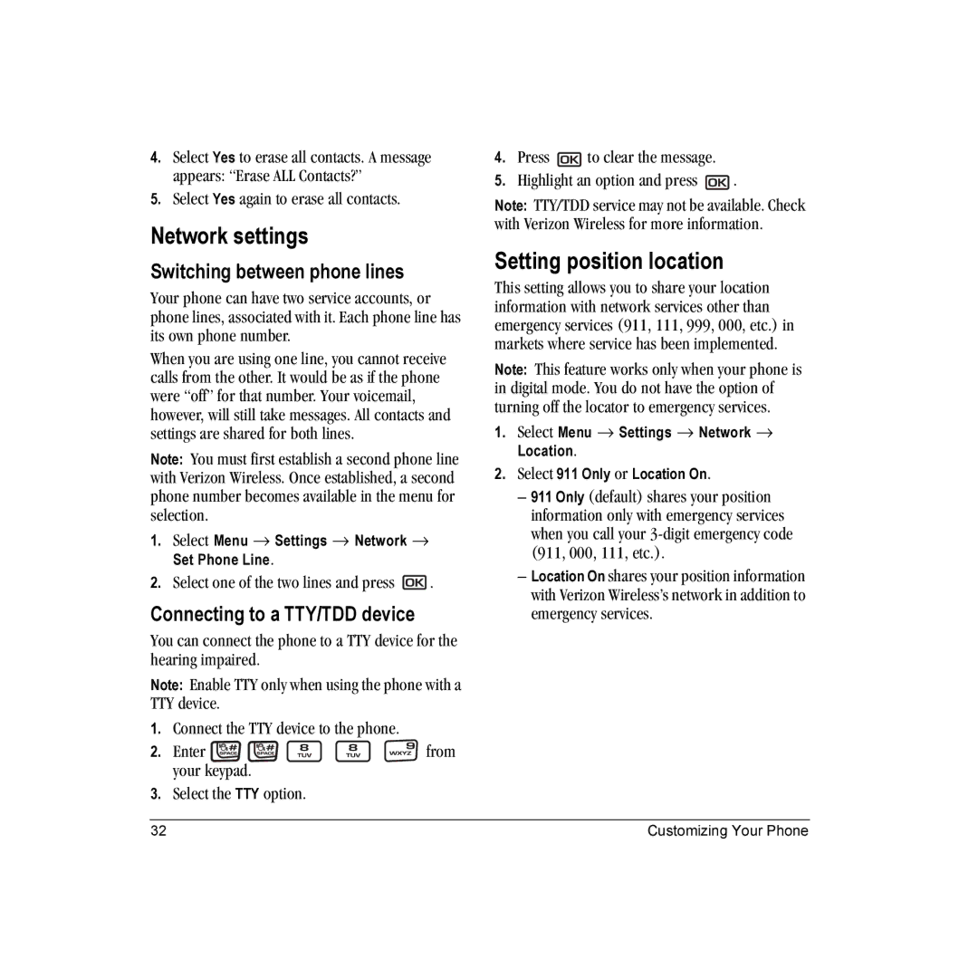 Kyocera KX9 Network settings, Setting position location, Switching between phone lines, Connecting to a TTY/TDD device 