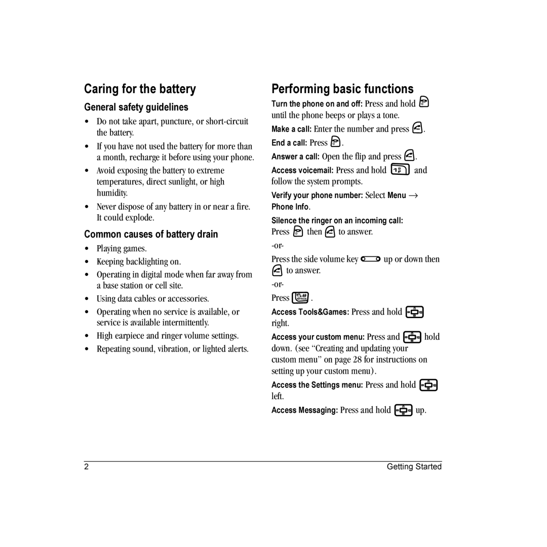 Kyocera KX9 Caring for the battery, Performing basic functions, Do not take apart, puncture, or short-circuit the battery 