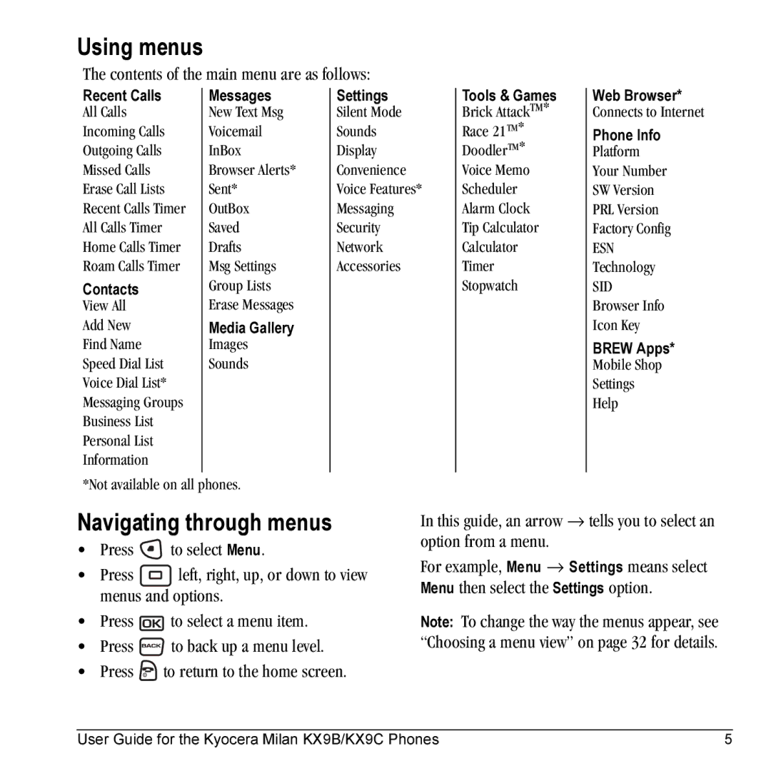 Kyocera KX9B, KX9C manual Using menus, Navigating through menus, Contents of the main menu are as follows 