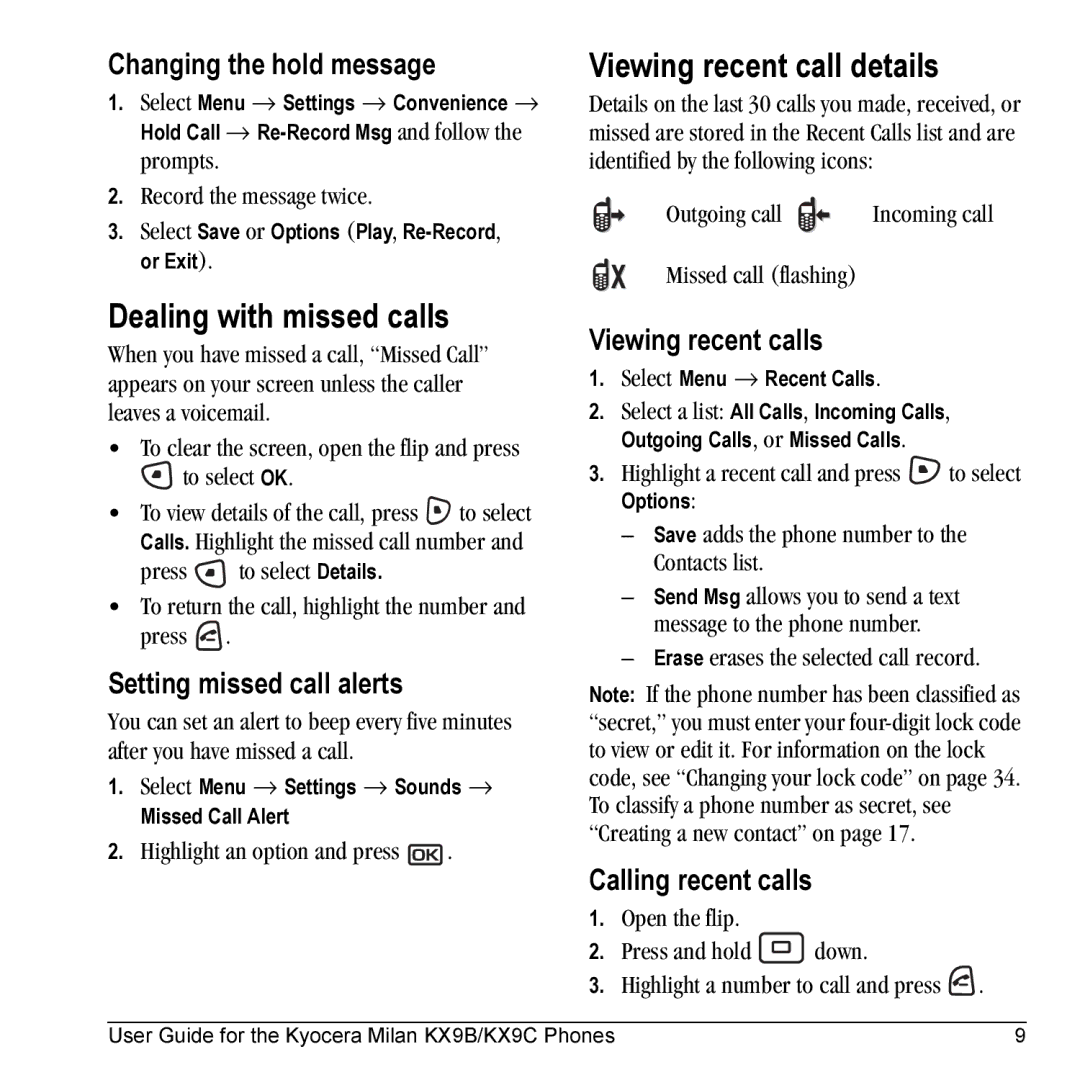 Kyocera KX9B, KX9C manual Dealing with missed calls, Viewing recent call details 