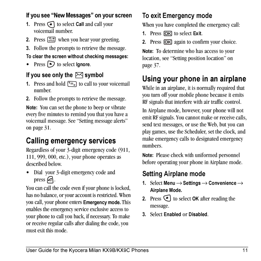 Kyocera KX9B Calling emergency services, Using your phone in an airplane, To exit Emergency mode, Setting Airplane mode 