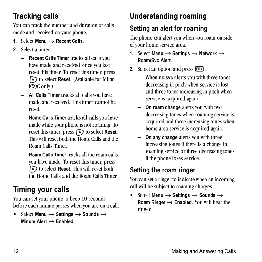 Kyocera KX9C, KX9B manual Tracking calls, Timing your calls, Understanding roaming, Setting an alert for roaming 