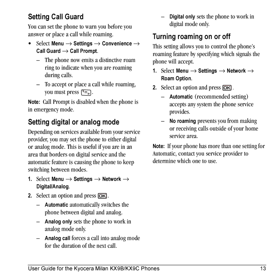 Kyocera KX9B, KX9C manual Setting Call Guard, Setting digital or analog mode, Turning roaming on or off 
