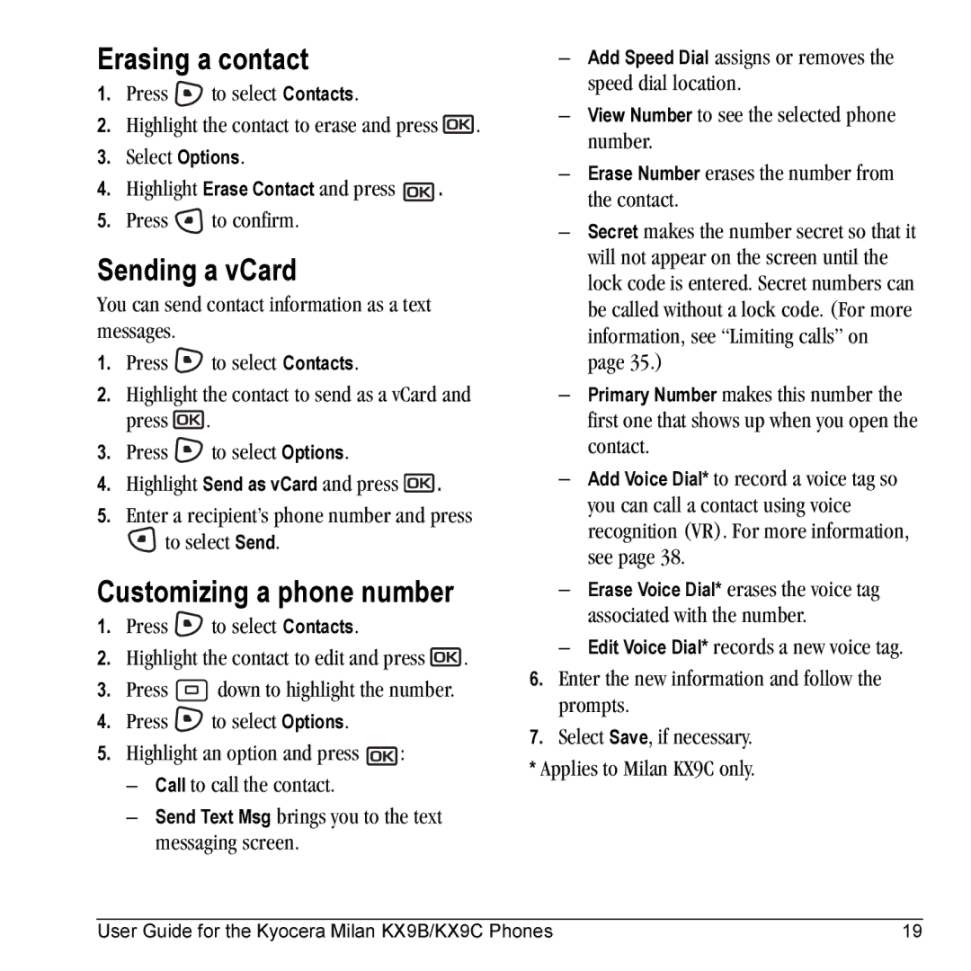 Kyocera KX9B, KX9C manual Erasing a contact, Sending a vCard, Customizing a phone number 