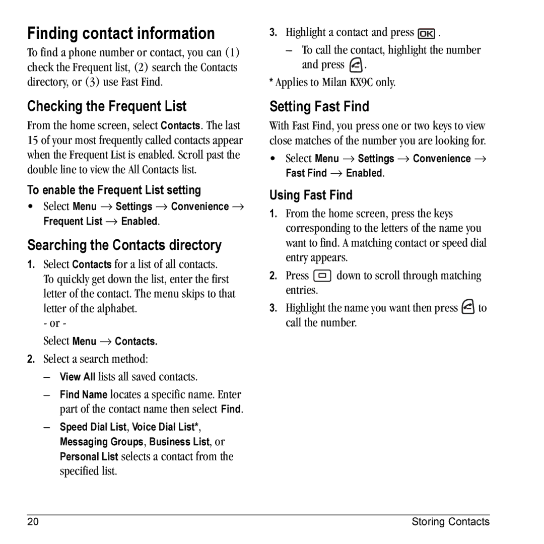 Kyocera KX9C Finding contact information, Checking the Frequent List, Searching the Contacts directory, Setting Fast Find 