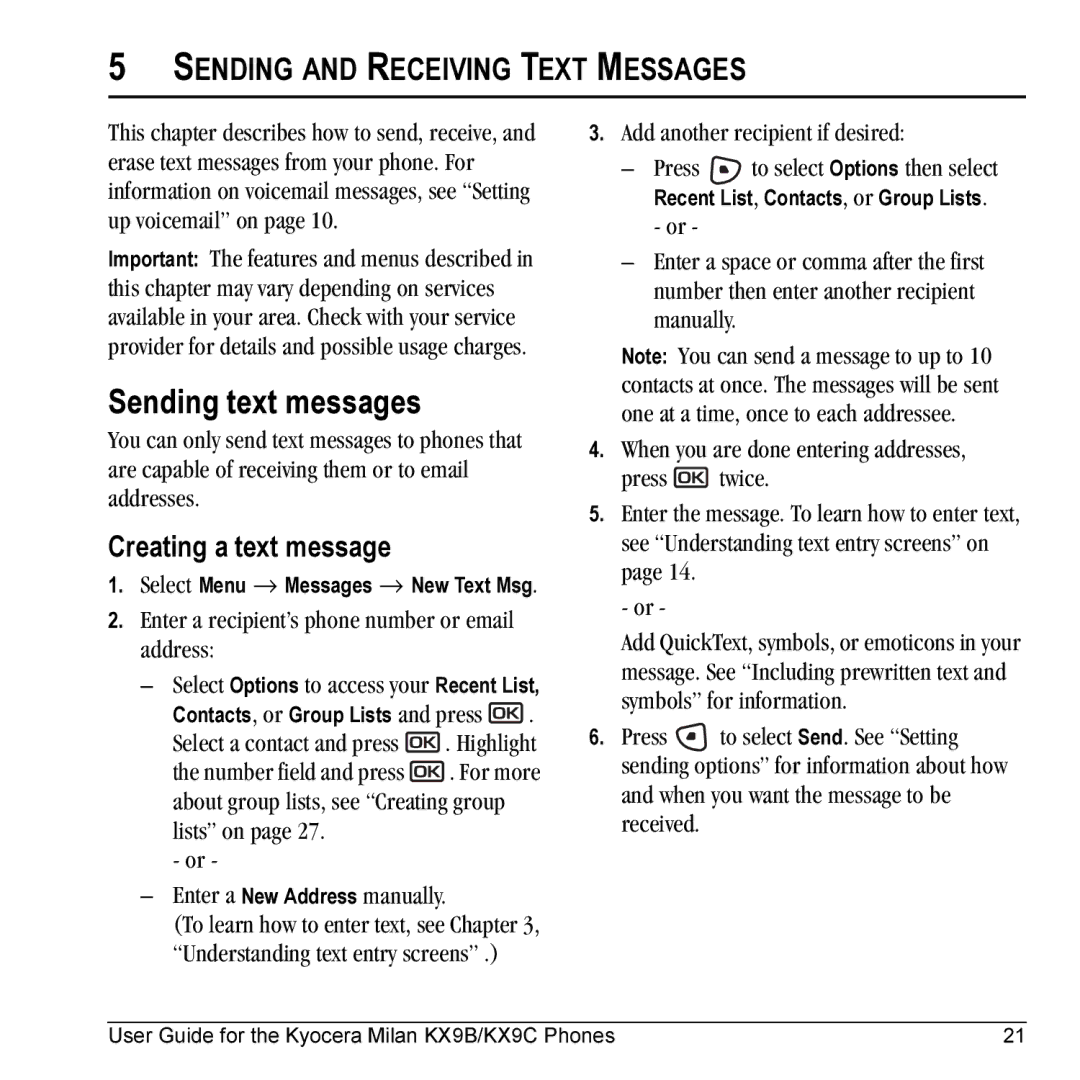 Kyocera KX9B, KX9C manual Sending text messages, Creating a text message, Enter a recipient’s phone number or email address 