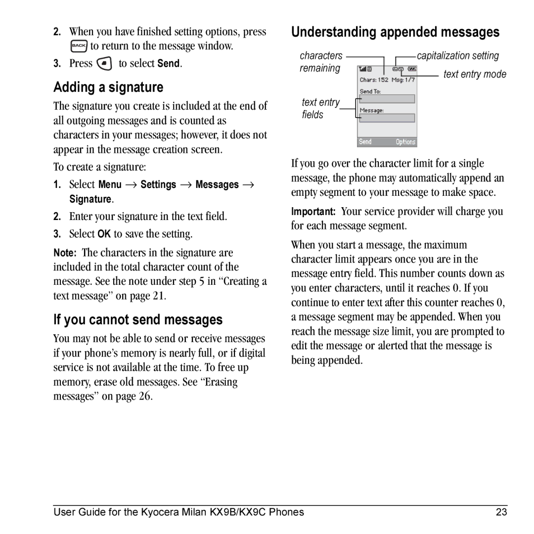 Kyocera KX9B, KX9C Adding a signature, If you cannot send messages, Understanding appended messages, To create a signature 