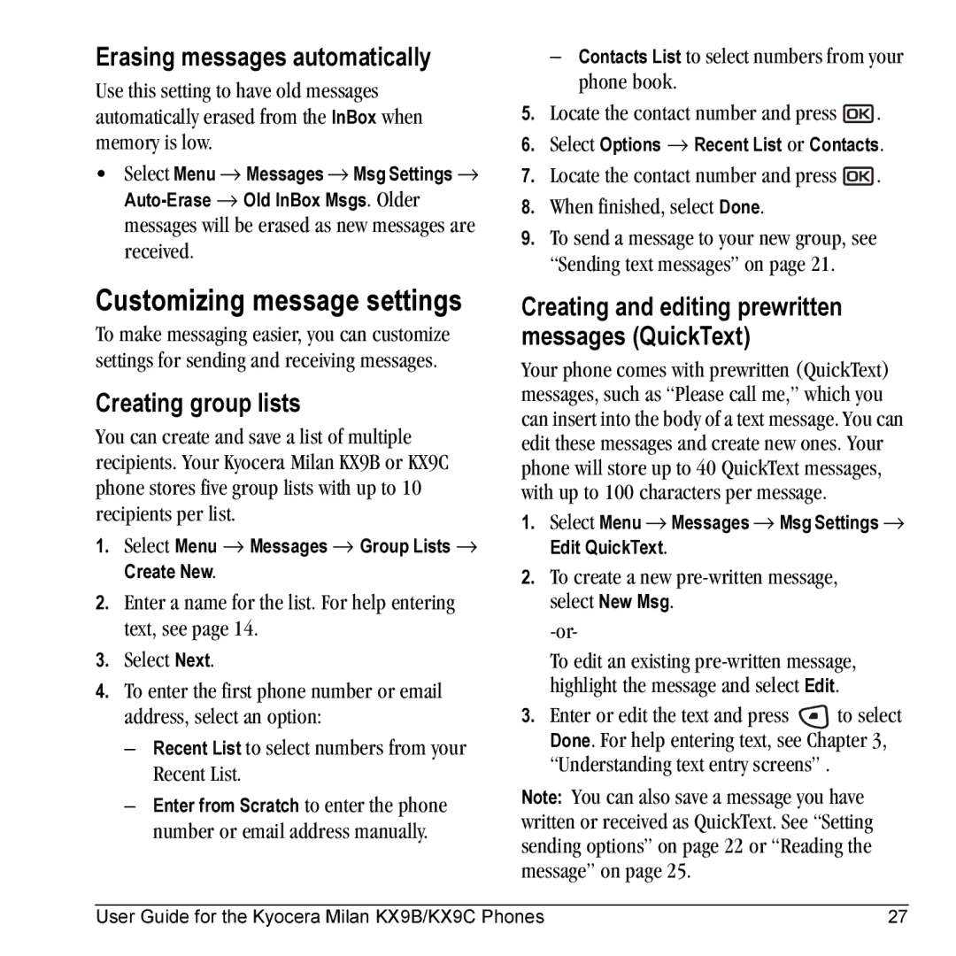 Kyocera KX9B, KX9C manual Customizing message settings, Erasing messages automatically, Creating group lists 