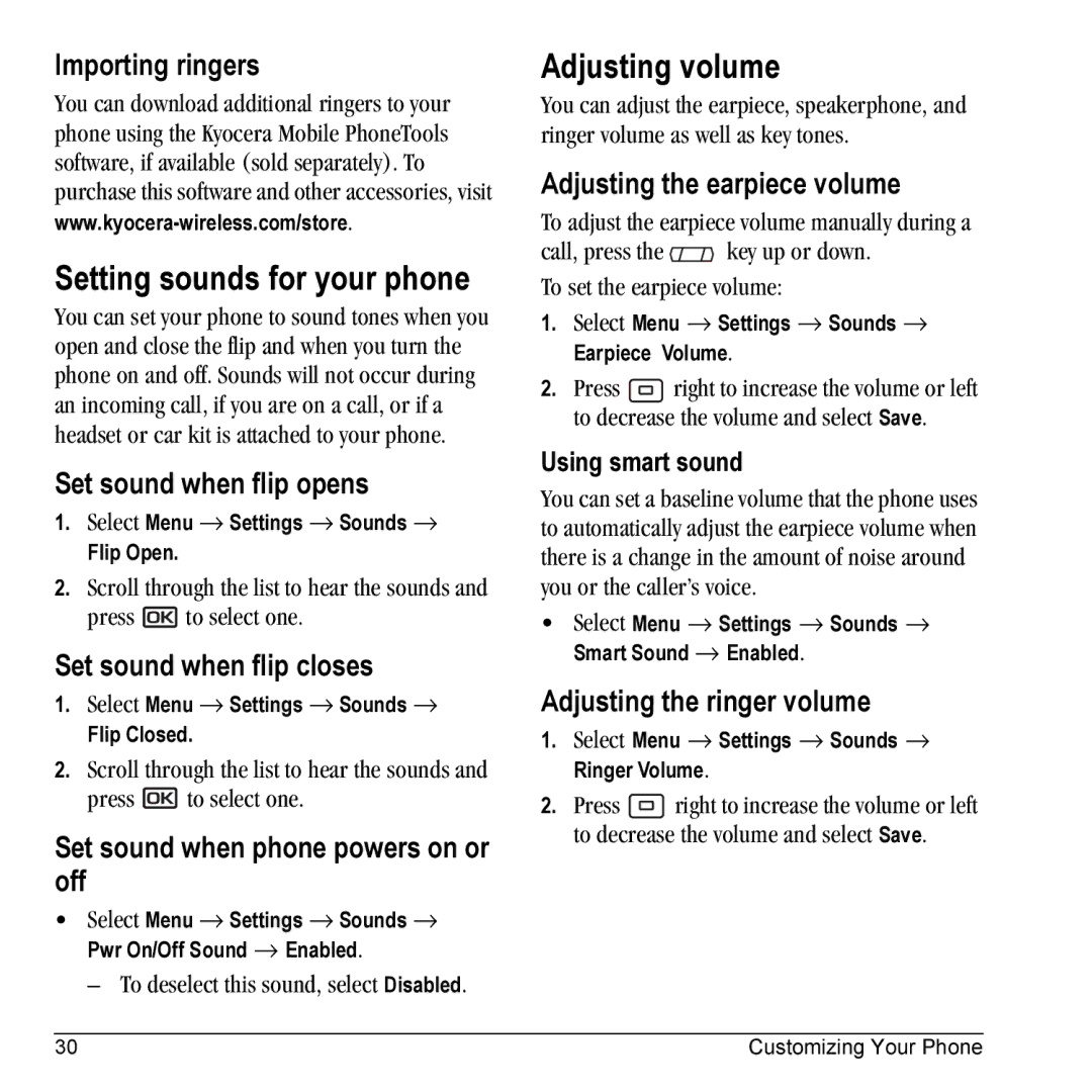 Kyocera KX9C, KX9B manual Setting sounds for your phone, Adjusting volume 