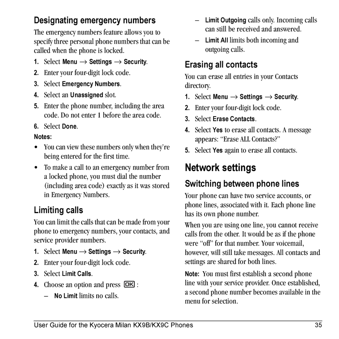 Kyocera KX9B, KX9C manual Network settings, Designating emergency numbers, Limiting calls, Erasing all contacts 