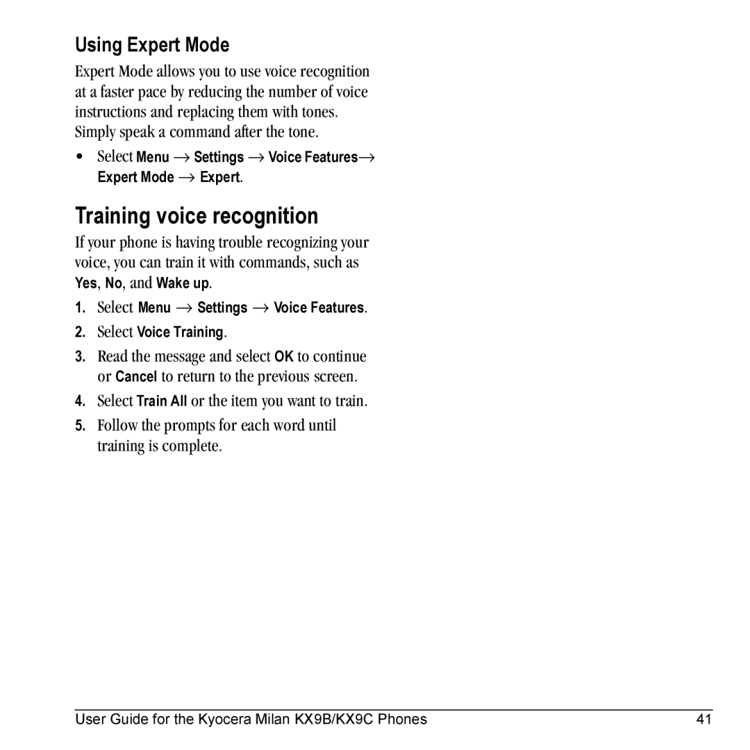 Kyocera KX9B, KX9C manual Training voice recognition, Using Expert Mode, Simply speak a command after the tone 