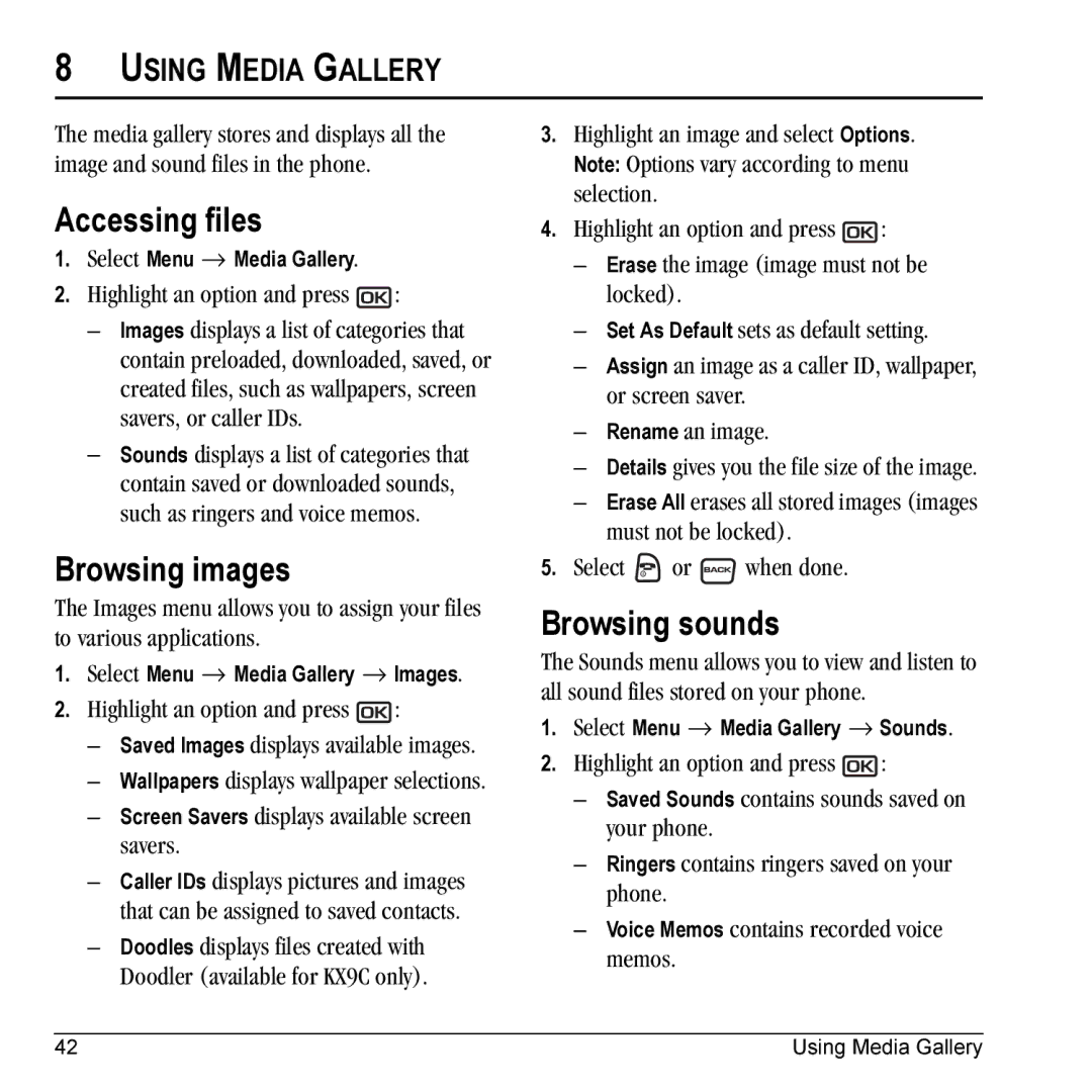 Kyocera KX9C, KX9B manual Accessing files, Browsing images, Browsing sounds 