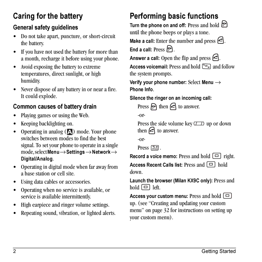 Kyocera KX9C Caring for the battery, Performing basic functions, General safety guidelines, Common causes of battery drain 