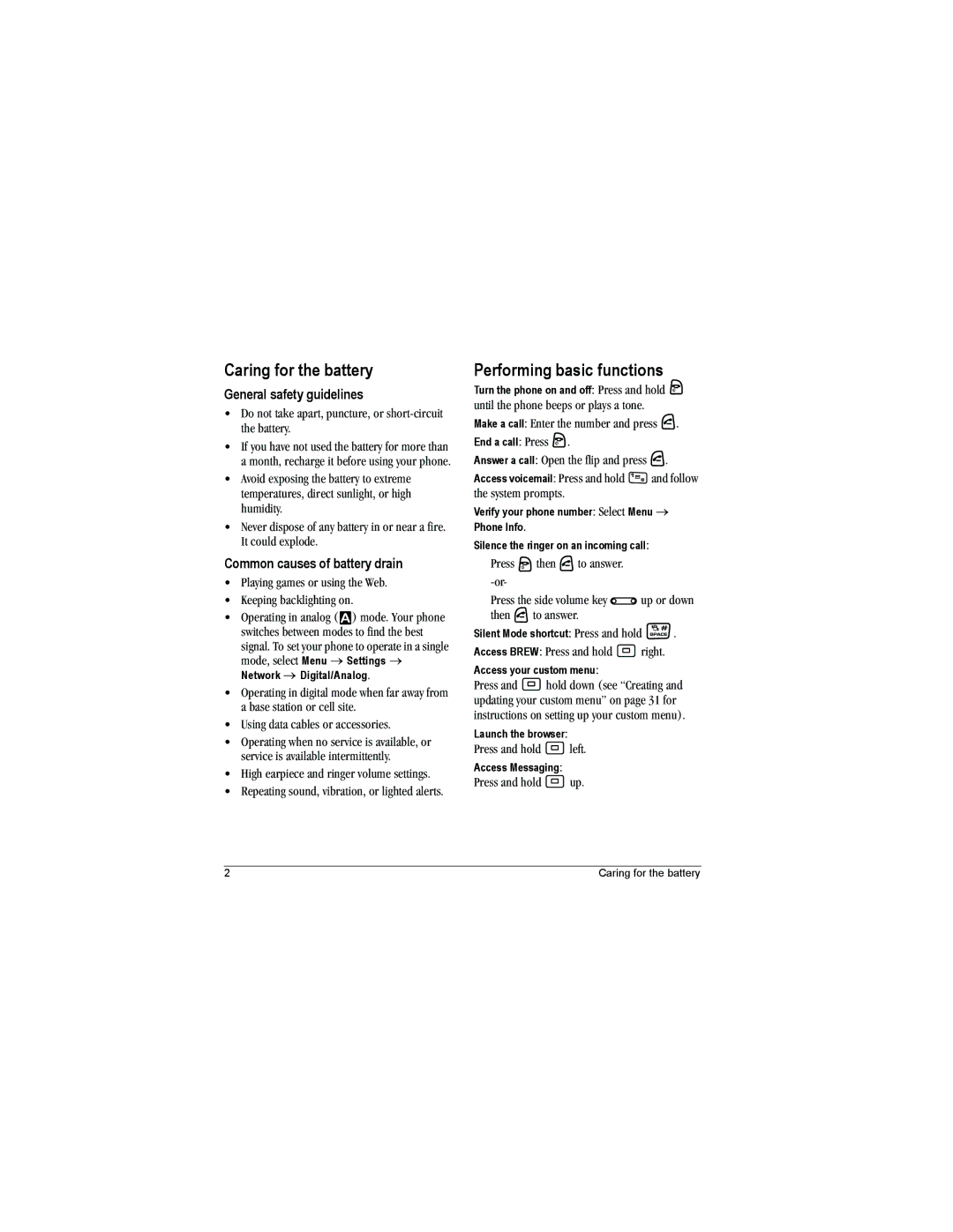 Kyocera KX9e Caring for the battery, Performing basic functions, General safety guidelines, Common causes of battery drain 