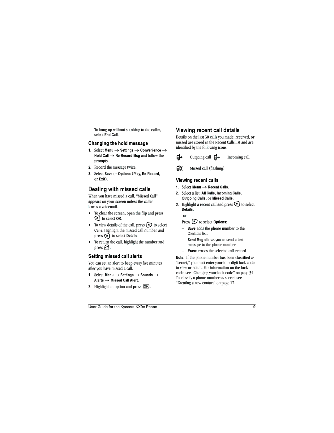 Kyocera KX9e Dealing with missed calls, Viewing recent call details, Changing the hold message, Setting missed call alerts 
