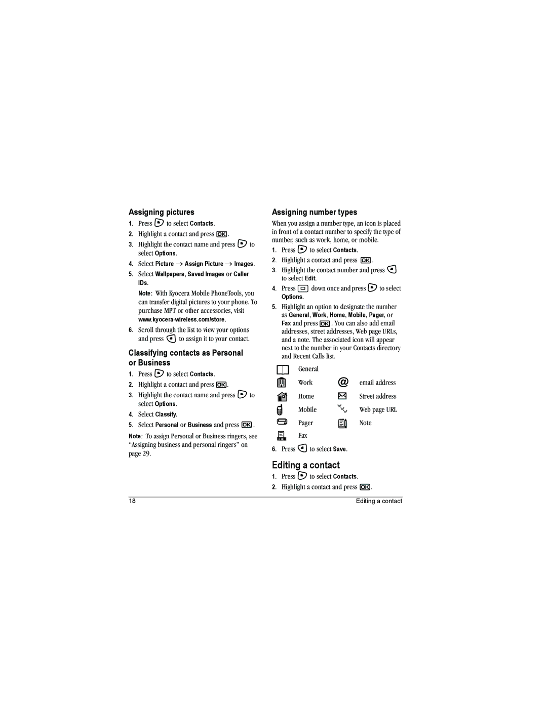 Kyocera KX9e Editing a contact, Assigning pictures, Classifying contacts as Personal or Business, Assigning number types 