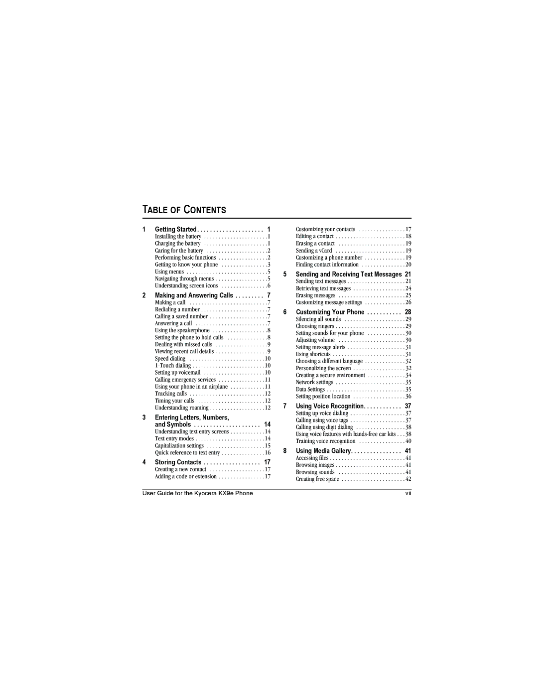 Kyocera KX9e manual Table of Contents 