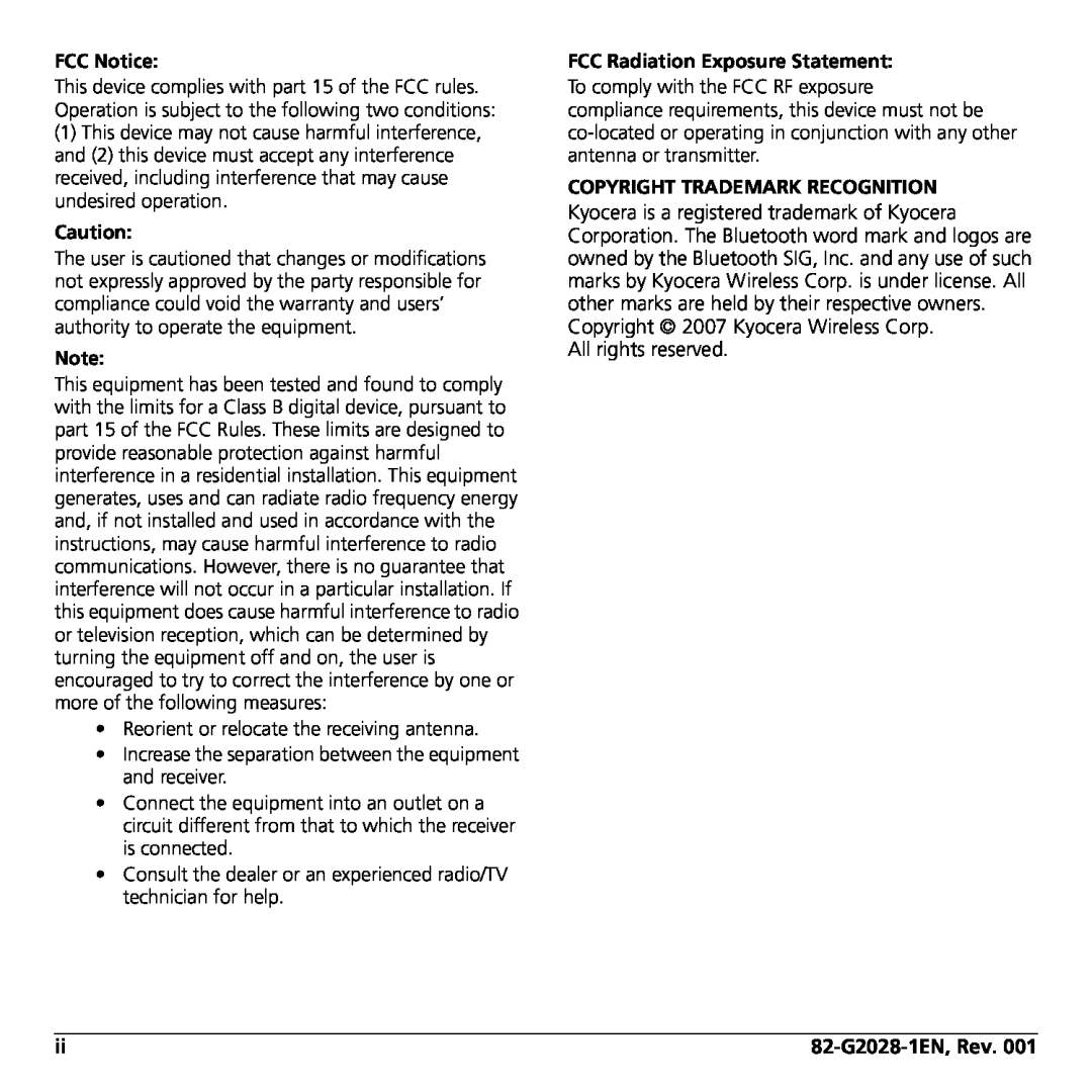 Kyocera KYO305 manual FCC Notice, FCC Radiation Exposure Statement, Copyright Trademark Recognition 