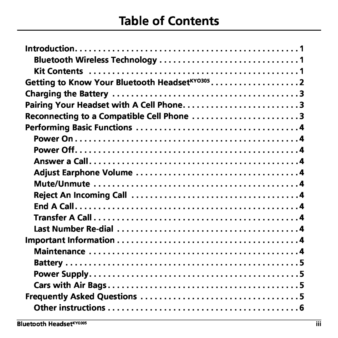Kyocera manual Table of Contents, Bluetooth HeadsetKYO305 