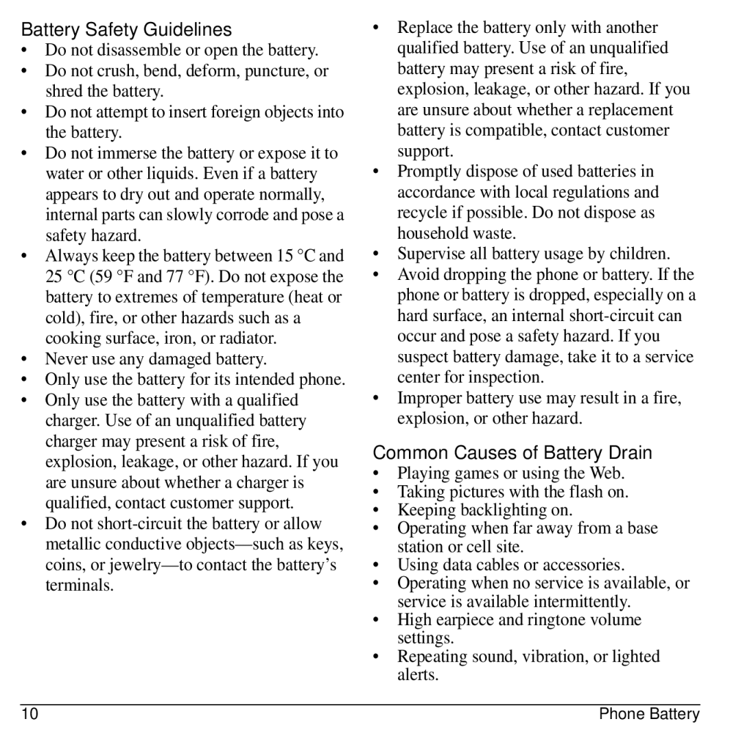 Kyocera KYOCERA S2100 manual Battery Safety Guidelines, Common Causes of Battery Drain, Never use any damaged battery 