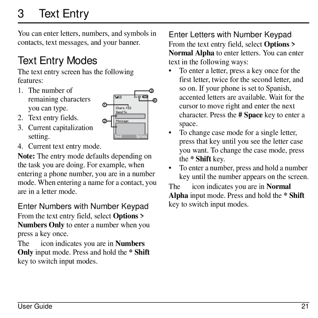 Kyocera KYOCERA S2100 manual Text Entry Modes, Enter Numbers with Number Keypad, Enter Letters with Number Keypad 