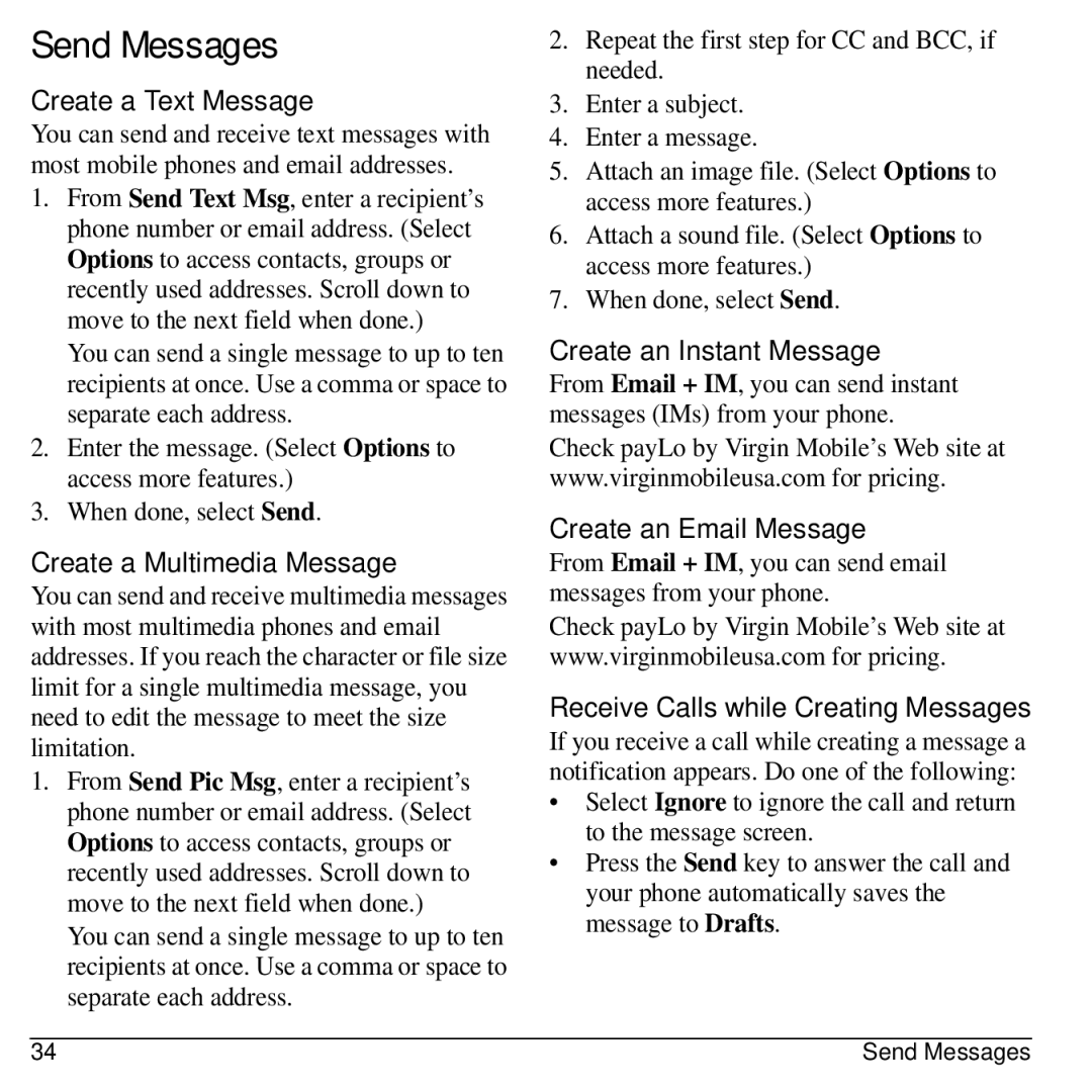 Kyocera KYOCERA S2100 manual Send Messages 