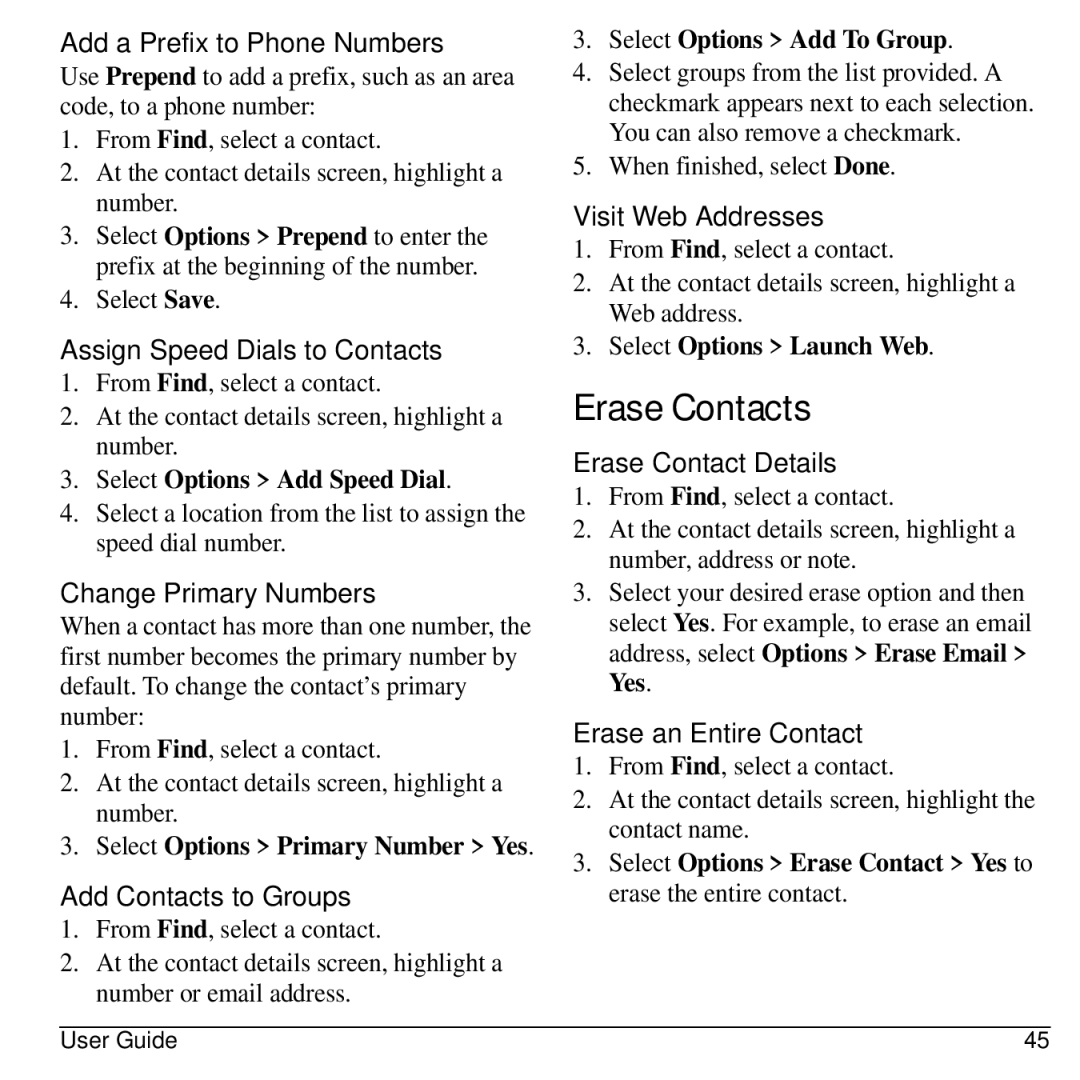 Kyocera KYOCERA S2100 manual Erase Contacts 