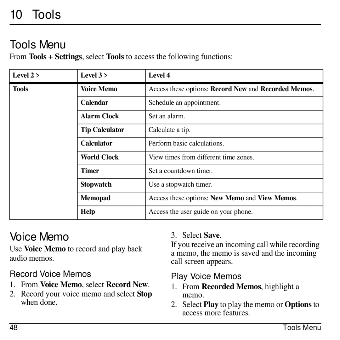 Kyocera KYOCERA S2100 manual Tools Menu, Record Voice Memos, Play Voice Memos 