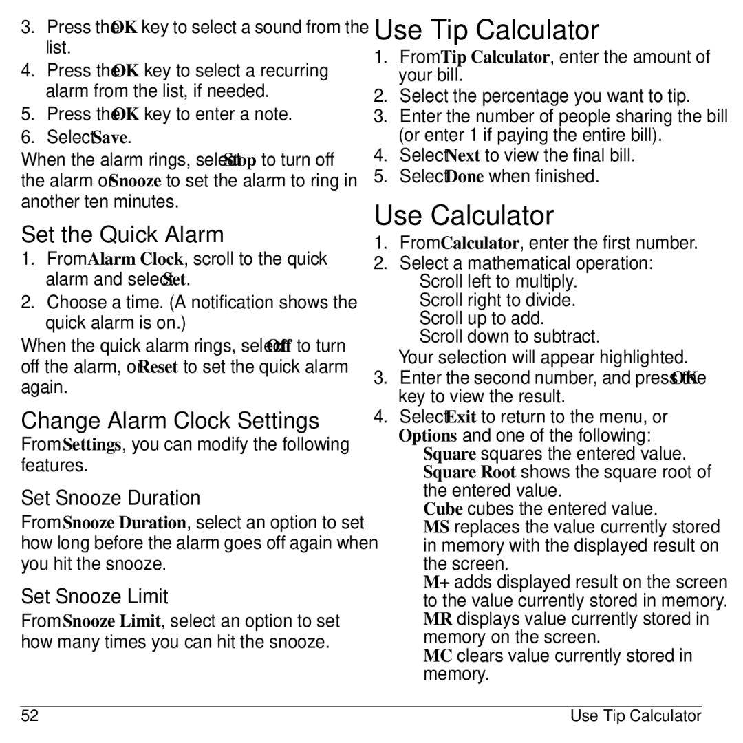 Kyocera KYOCERA S2100 manual Use Tip Calculator, Use Calculator, Set the Quick Alarm, Change Alarm Clock Settings 