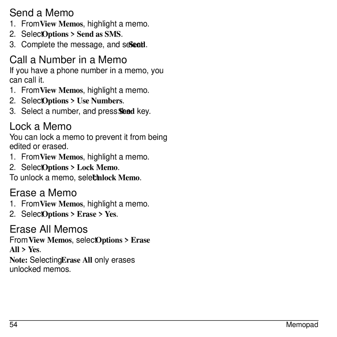 Kyocera KYOCERA S2100 manual Send a Memo, Call a Number in a Memo, Lock a Memo, Erase a Memo, Erase All Memos 