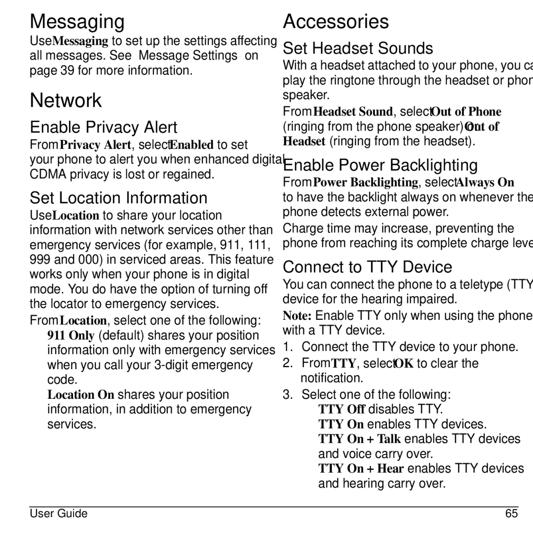 Kyocera KYOCERA S2100 manual Messaging, Network, Accessories 