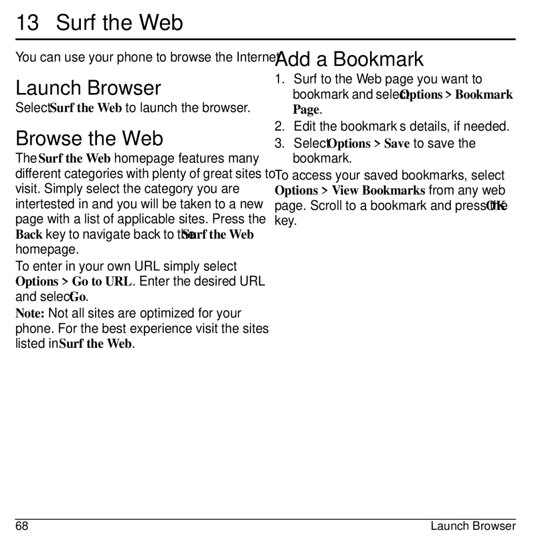 Kyocera KYOCERA S2100 manual Surf the Web, Launch Browser, Browse the Web, Add a Bookmark 