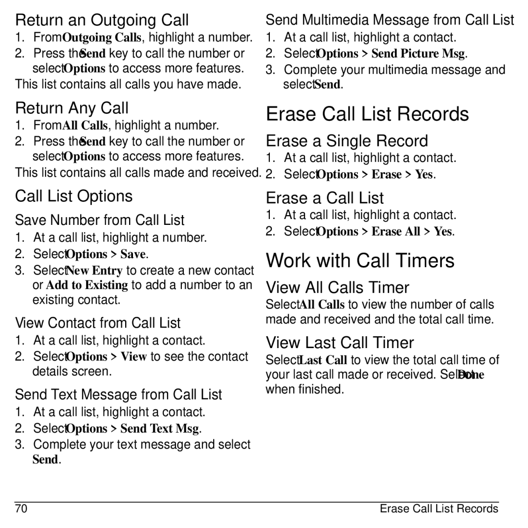 Kyocera KYOCERA S2100 manual Erase Call List Records, Work with Call Timers 