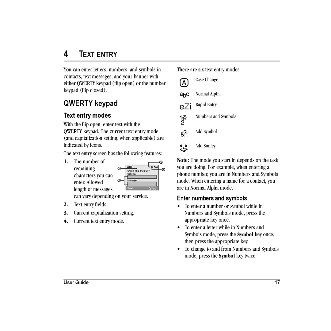 Kyocera M1000 manual Qwerty keypad, Text Entry, Text entry modes, Enter numbers and symbols 