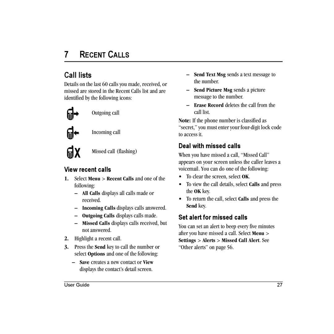 Kyocera M1000 manual Call lists, Recent Calls, View recent calls, Deal with missed calls, Set alert for missed calls 