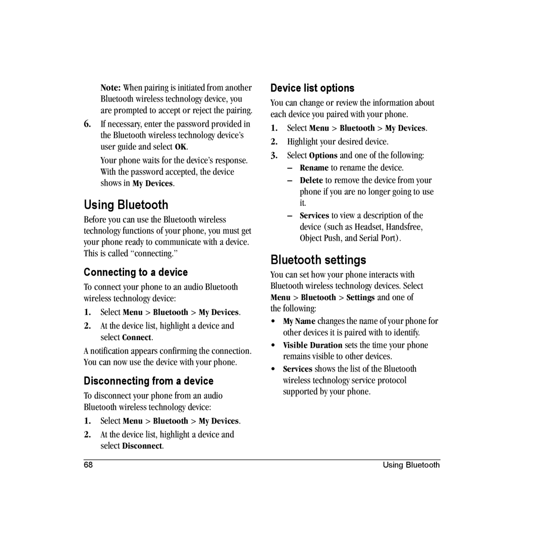 Kyocera M1000 manual Using Bluetooth, Bluetooth settings, Connecting to a device, Disconnecting from a device 