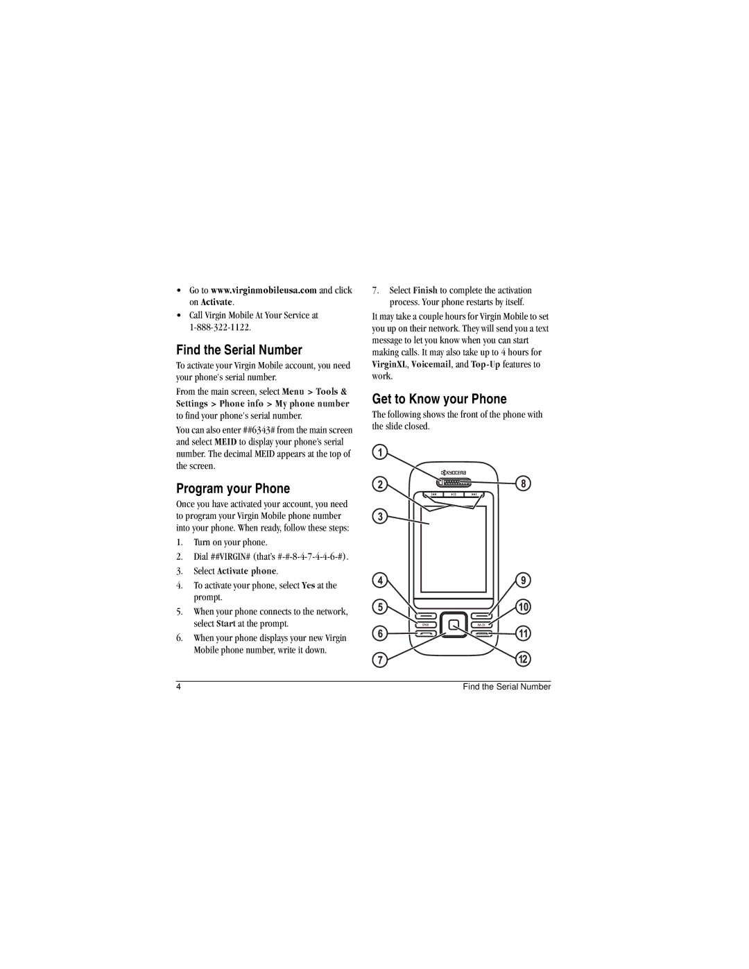 Kyocera M2000 manual Find the Serial Number, Get to Know your Phone, Program your Phone 