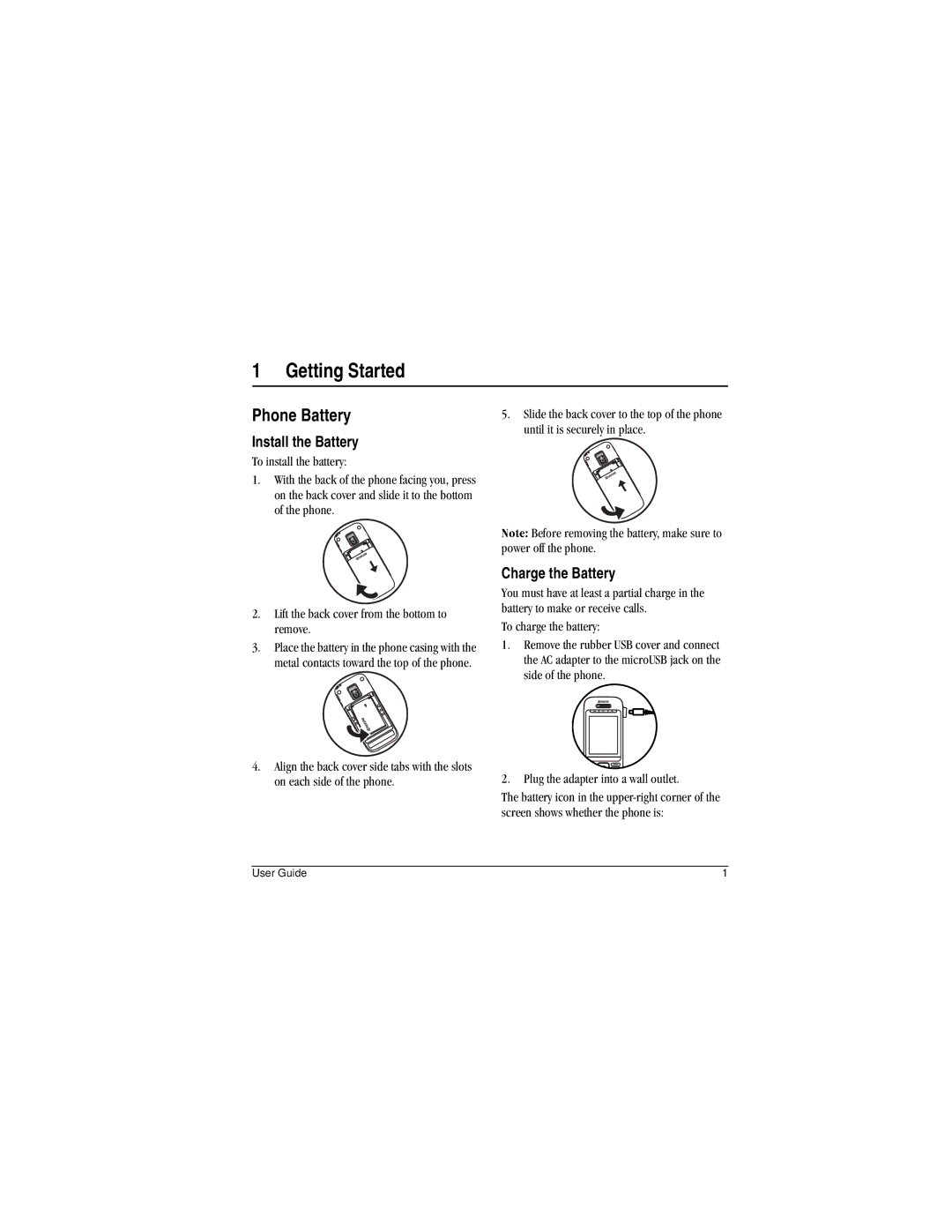 Kyocera M2000 manual Phone Battery, Install the Battery, Charge the Battery 