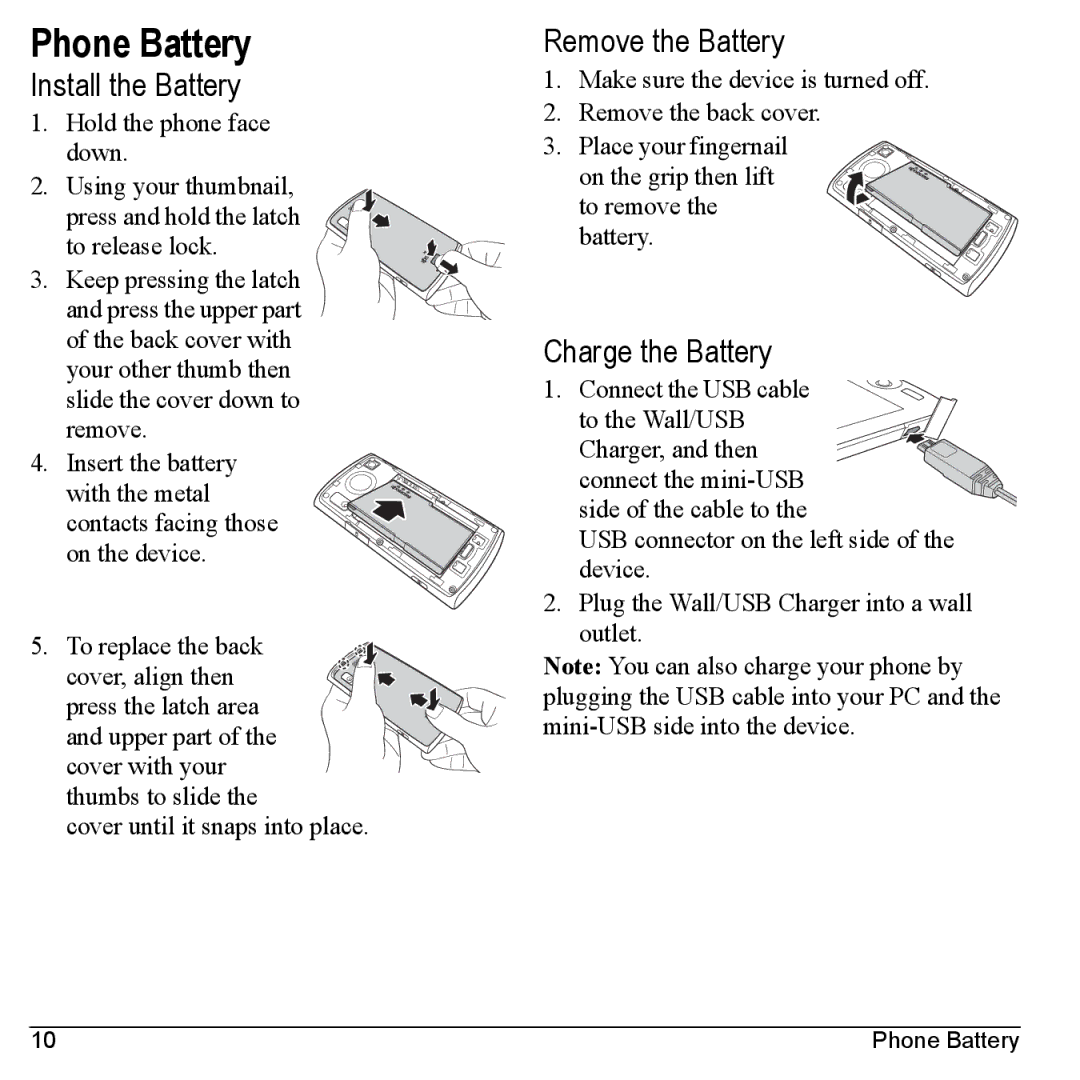 Kyocera M6000 manual Phone Battery, Install the Battery, Remove the Battery, Charge the Battery 