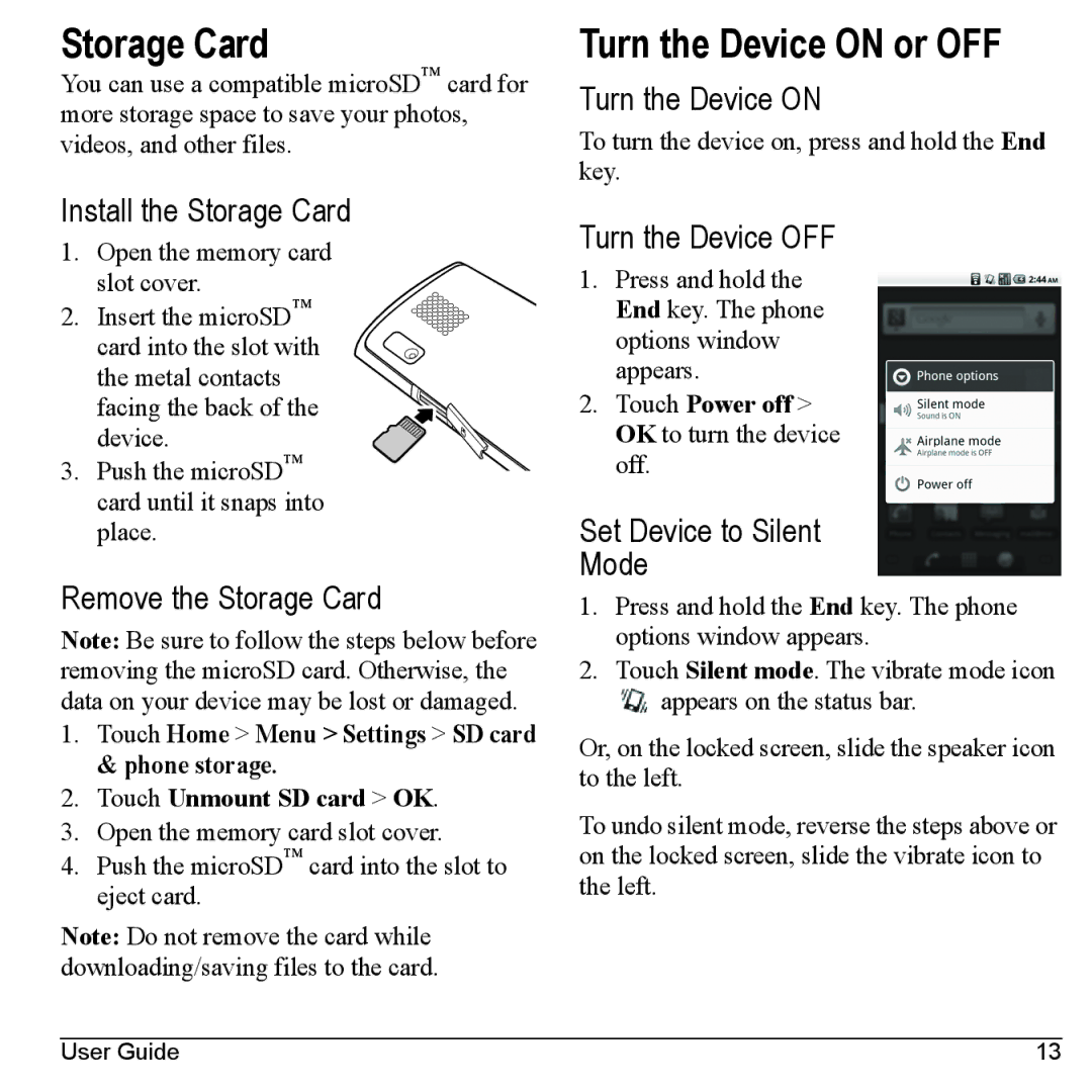 Kyocera M6000 manual Storage Card, Turn the Device on or OFF 