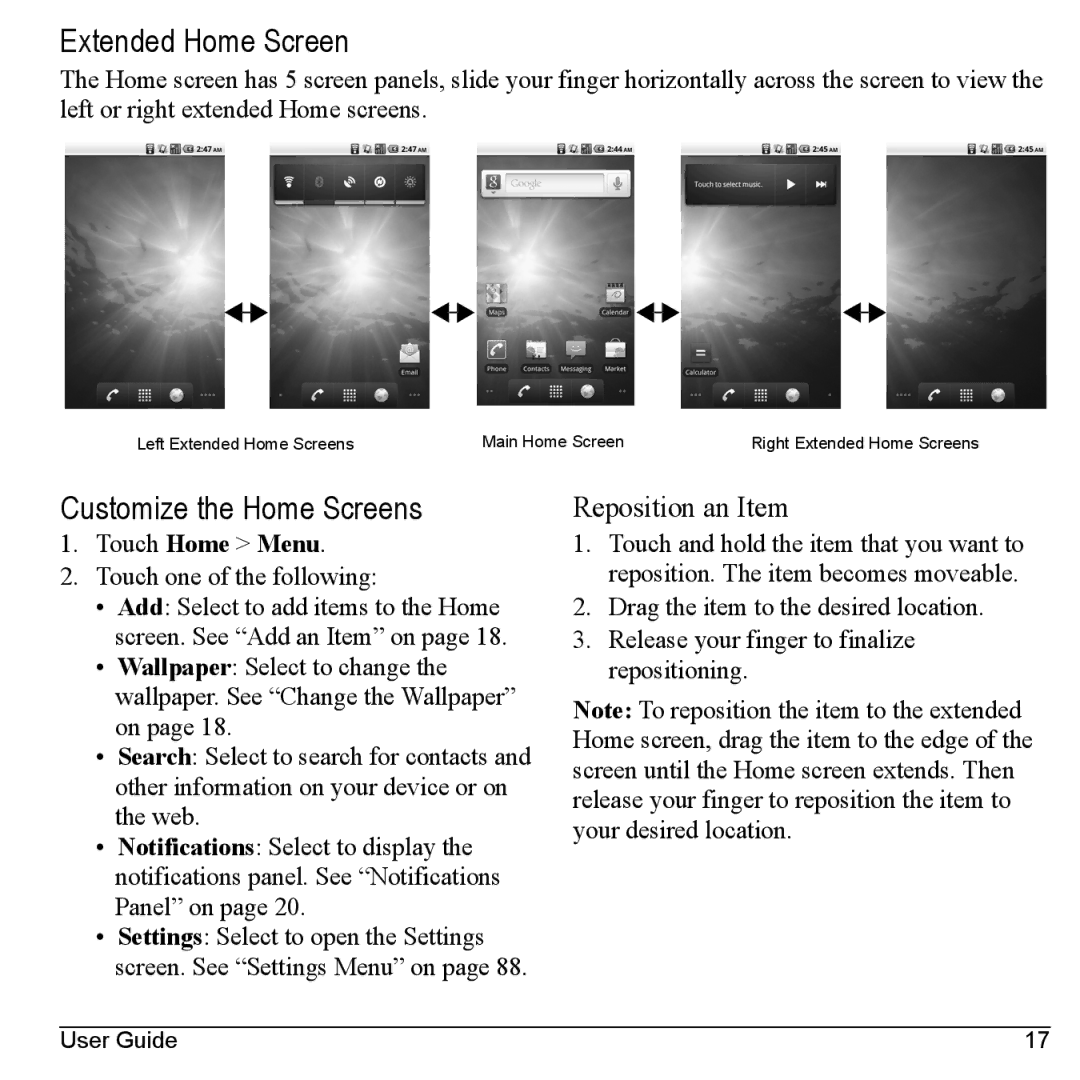 Kyocera M6000 manual Extended Home Screen, Customize the Home Screens, Reposition an Item 