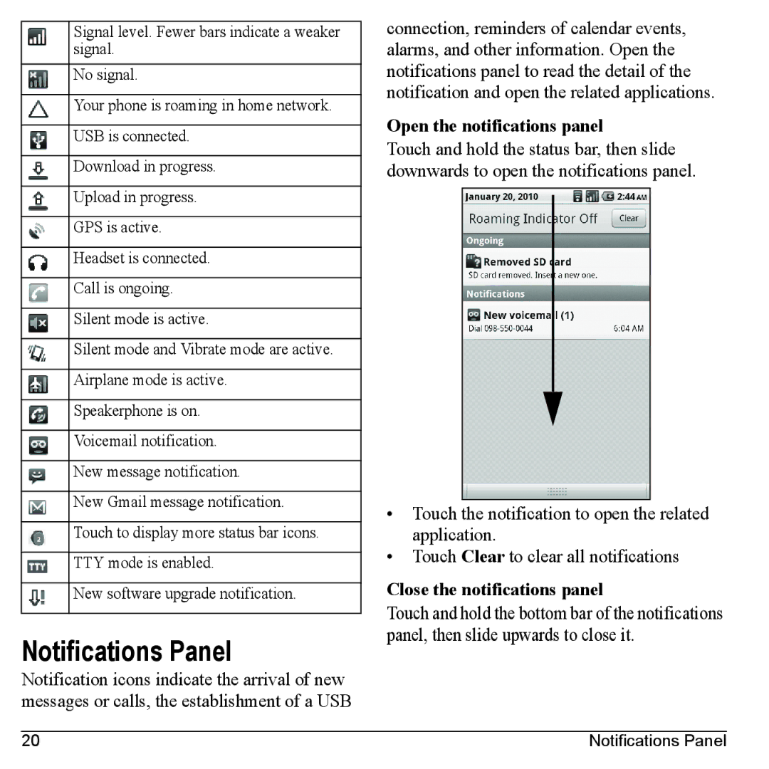 Kyocera M6000 manual Notifications Panel, Open the notifications panel, Close the notifications panel 