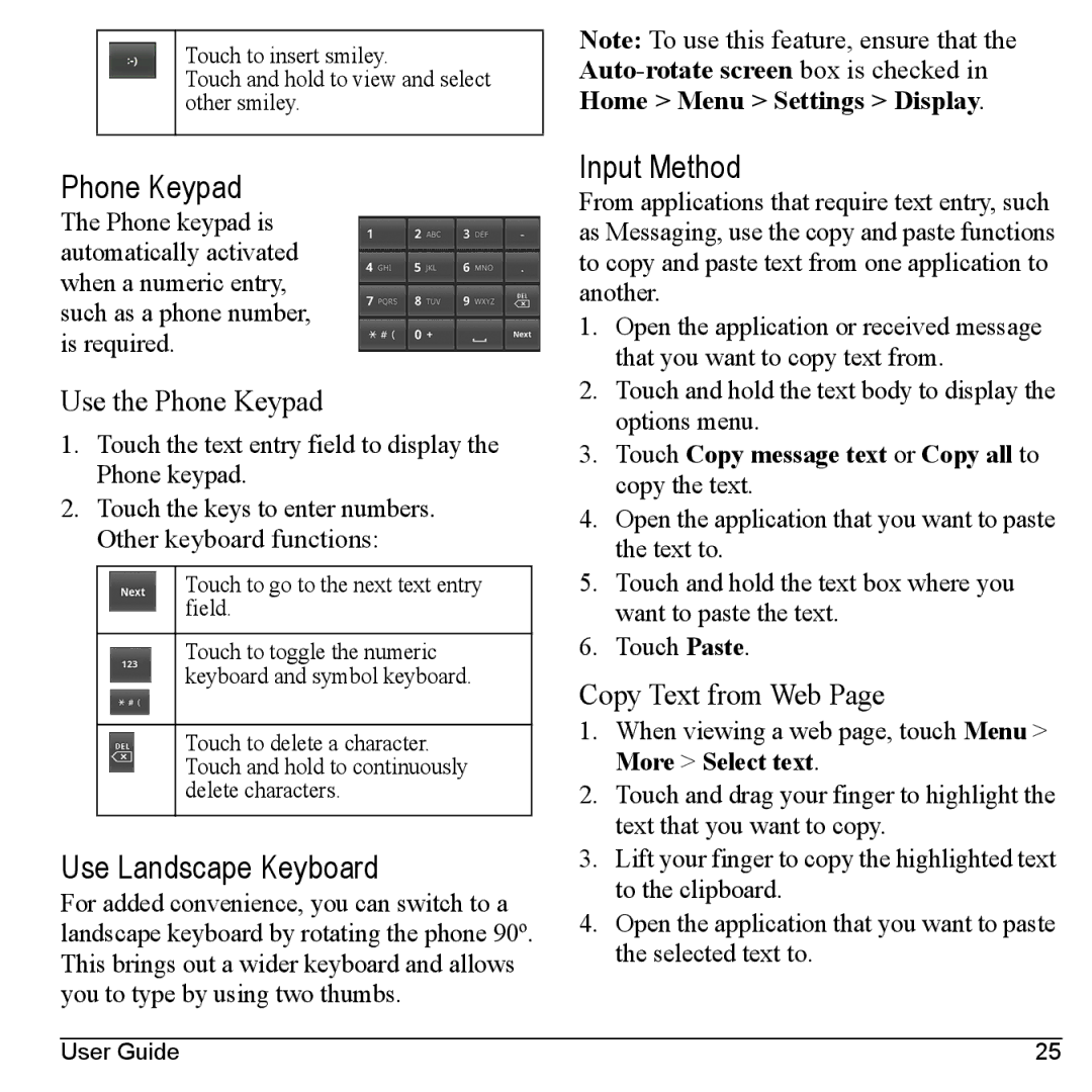 Kyocera M6000 manual Use Landscape Keyboard, Input Method, Use the Phone Keypad, Copy Text from Web 